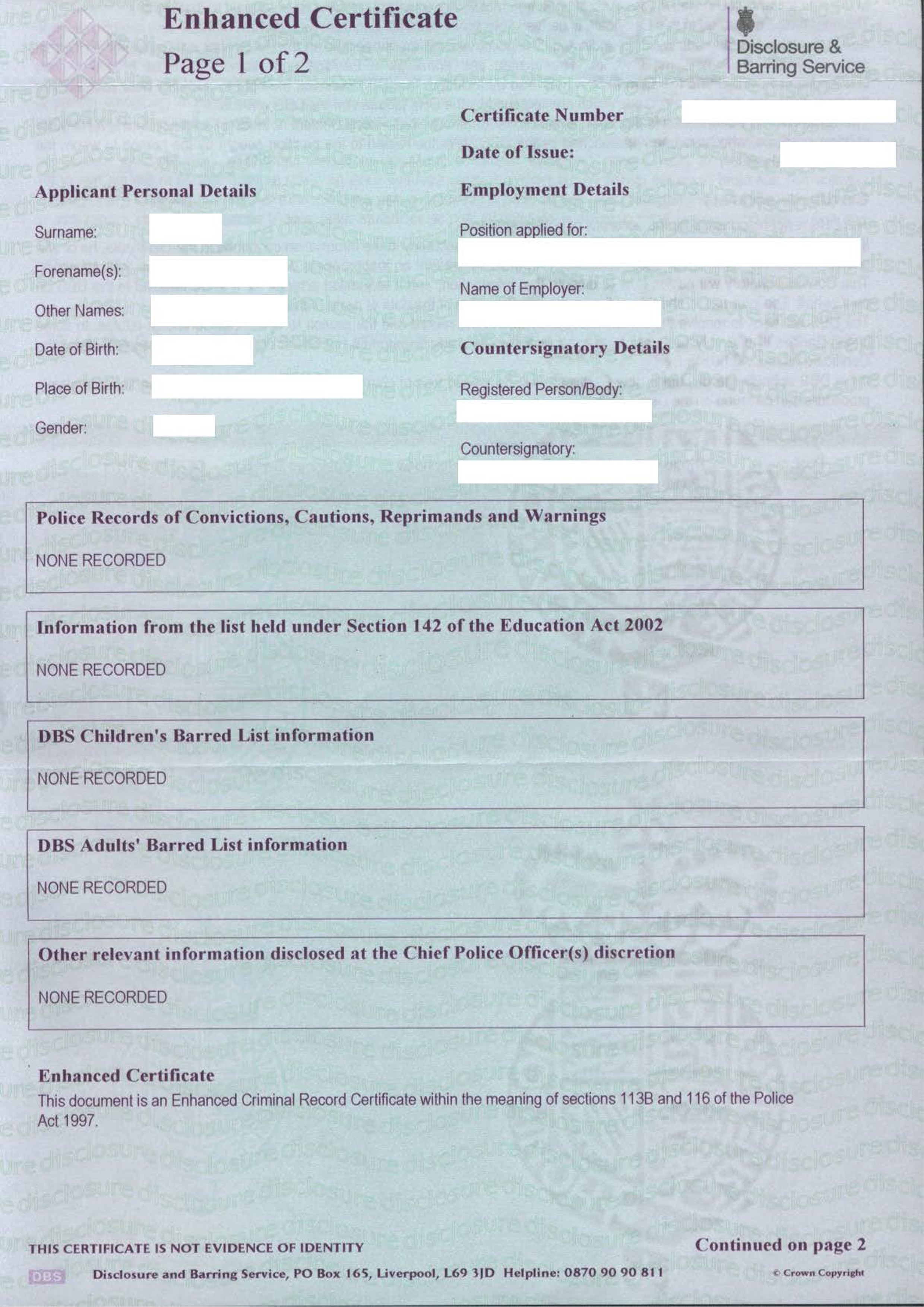 United Kingdom Disclosure and Barring Service (DBS) certificate